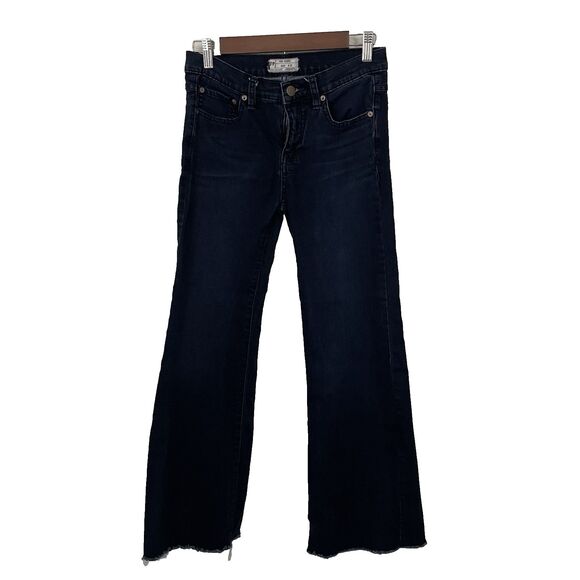 Free People Wide Leg Jeans Flare Size 27 Dark Wash Blue Raw Hem Mid Rise Stretch - Picture 1 of 8